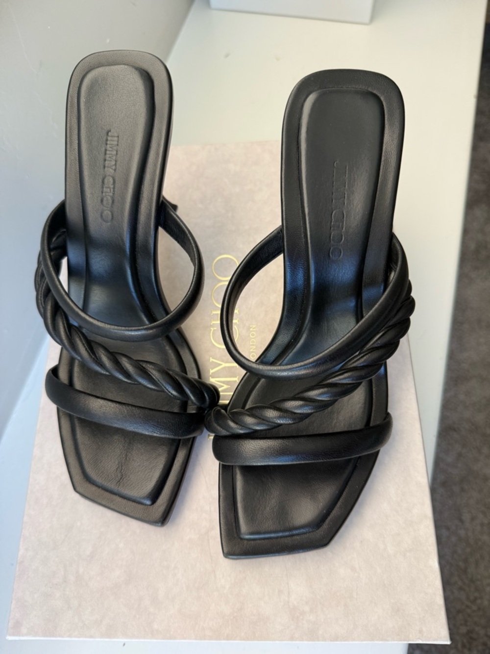 Jimmy Choo Black Twisted-Strap Square Toe Heeled sandals size 38 - Picture 3 of 9